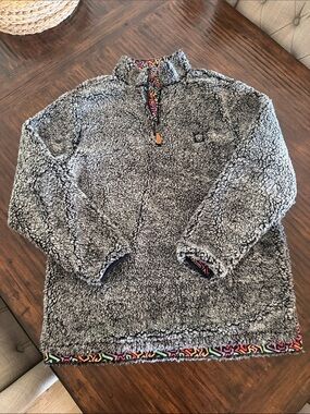 Cozy Gray Sherpa Quarter-Zip Pullover with Colorful Trim •reversible•